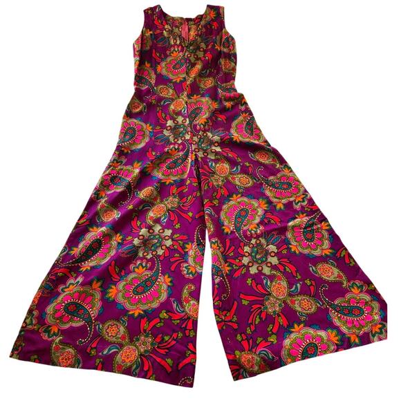 Handmade Pants - Vintage 70s Psychedelic Jumpsuit | Pink Orange Floral Wide Leg Palazzo Romper